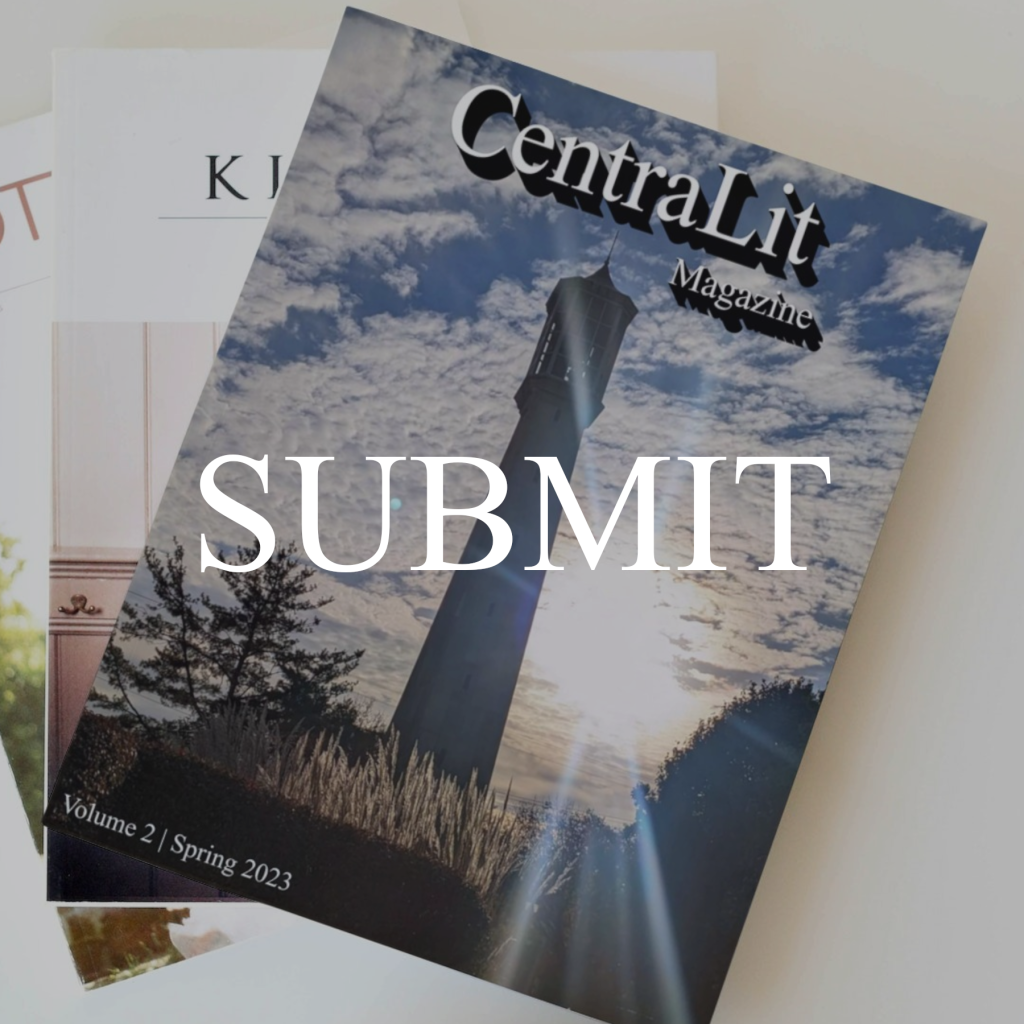 Picture of a stack of magazines with CentraLit Volume 2 on top, labelled "Submit" with a link to the submission page.